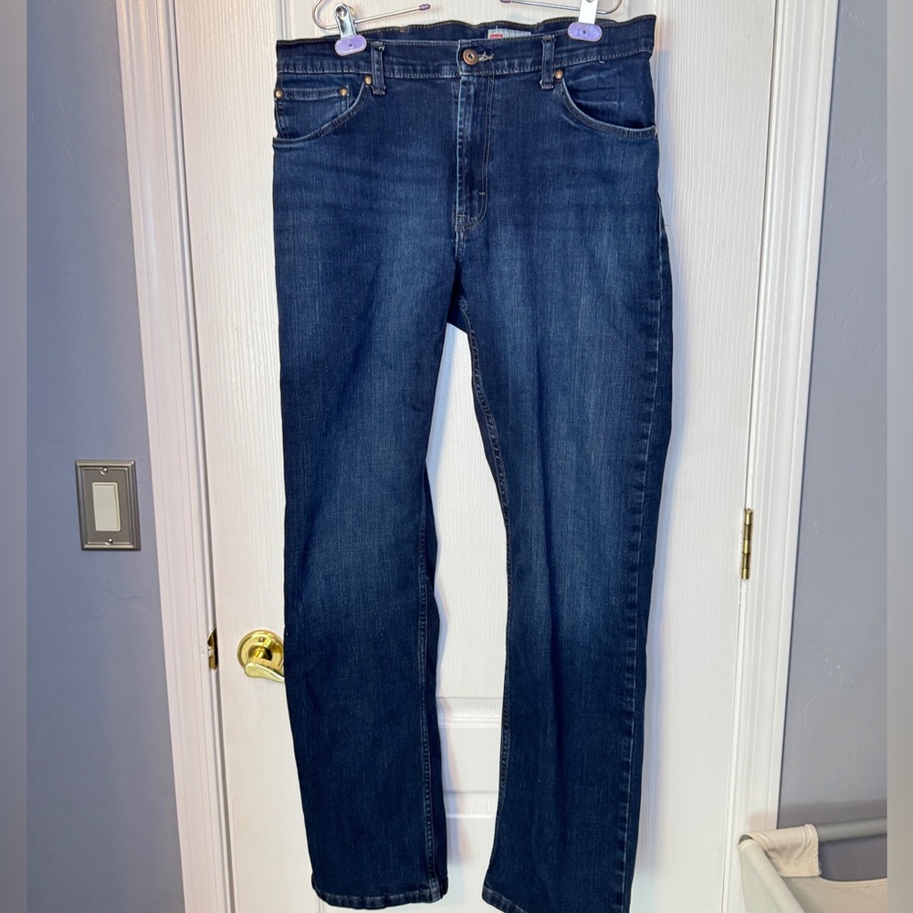 Mens-Wrangler Straight Fit Denim Jeans - Dark Blue-34 x 34